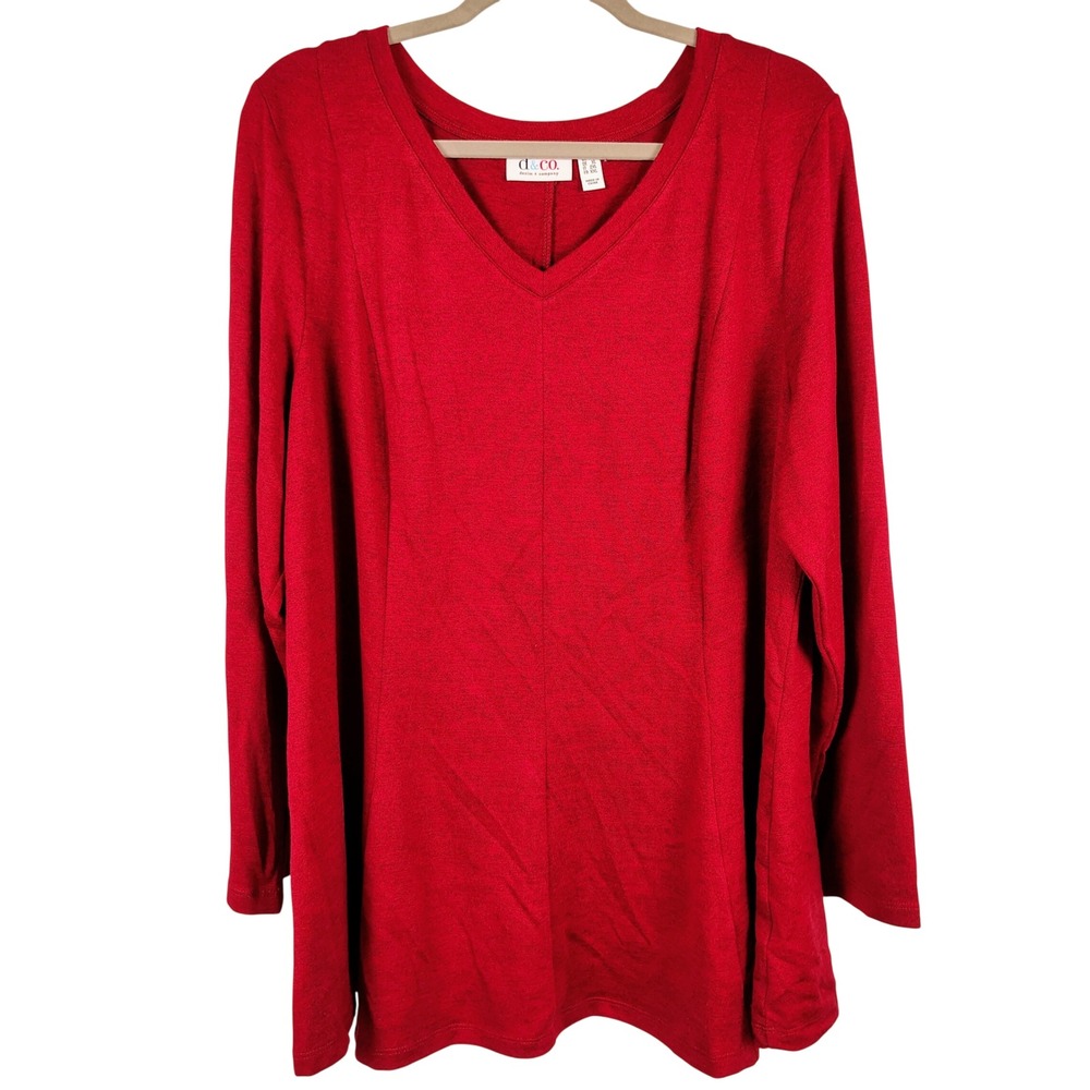 Denim & Co Womens 1X V-Neck Long Sleeve Tunic Top Red Heathered Knit Casual